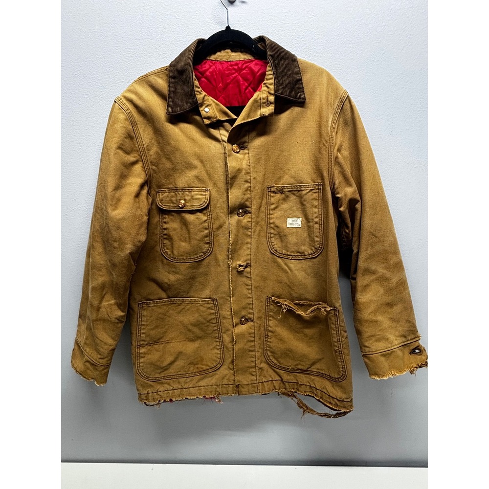 Vintage Sears Work Wear Chore Coat Tan Canvas Quilted Red Lining Distressed L